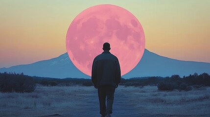 A solitary figure walks toward a giant pink moon rising behind a mountain range set against a soft gradient sky at dusk