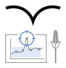 Graph with data points under a magnifying target, wheat stalk highlighting focus on agriculture, bold abstract curve. Ideal for farming, research, analytics, innovation, precision, growth abstract