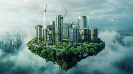 Fototapeta premium Future concept of green global earth environmental technology with windmill and city buildings