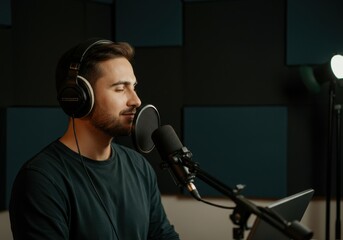 Male podcaster recording in sound studio