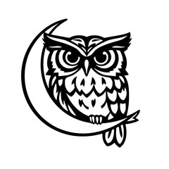 Fototapeta premium Silhouette of an owl perched on a crescent moon in a minimalist black and white design.
