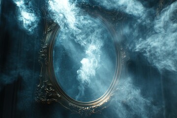 A captivating view showcases a large ornate mirror surrounded by swirling smoke, creating an ethereal atmosphere. Soft light enhances the mysterious ambiance, inviting curiosity