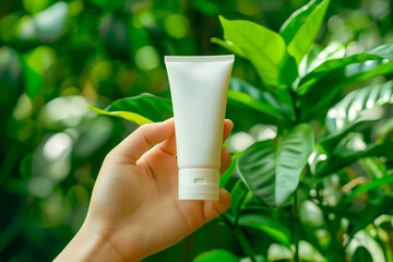 Cream and body lotion promotion with white blank tube of cream in woman hand on green plants background