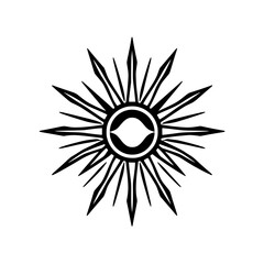 Black and white graphic sunburst radiating from a central design, with a circular center resembling an eye.
