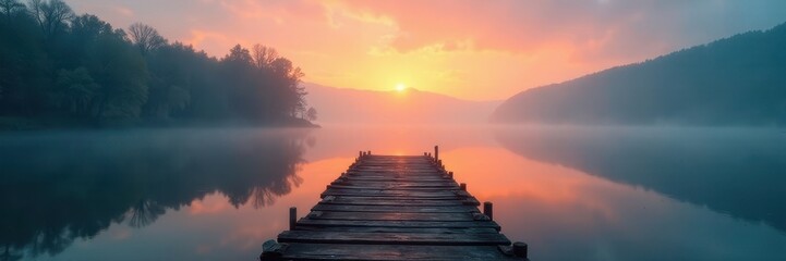 Fototapeta premium Old weathered dock on glassy lake at dawn, misty haze , rural, weathered