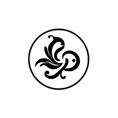 Naklejka premium Elegant Black and White Floral Emblem Design with Calligraphic Elements in a Circular Frame.