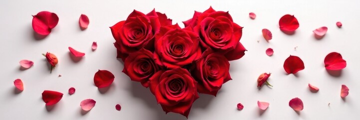 Obraz premium Red roses arranged in a heart shape with scattered petals , beauty, blossom