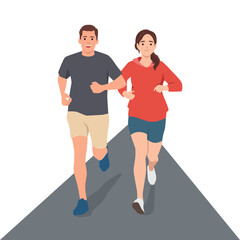 Couple enjoys a refreshing run together, fitness, motivation, a healthy lifestyle. Flat vector illustration isolated on white background