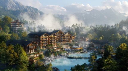 Fototapeta premium Luxury Mountain Resort nestled in the Alps: A serene escape.