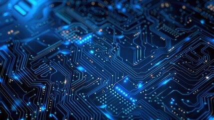 A blue computer chip with many lines and dots