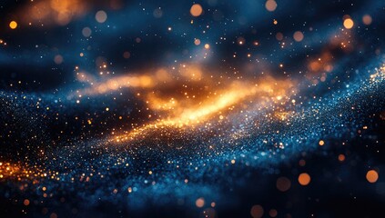 Obraz premium Abstract digital art, vibrant particles, swirling patterns of orange and blue glowing particles, dark background, bokeh effect, futuristic aesthetic