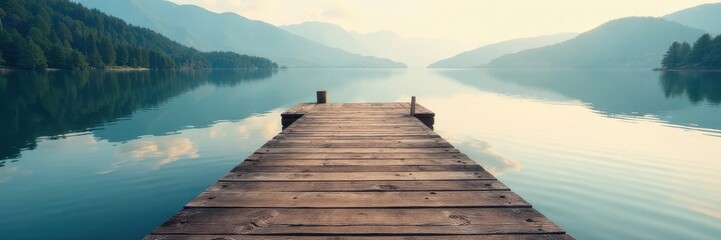 Naklejka premium Rustic wooden dock extends over calm lake water, embankment, quiet, tranquil