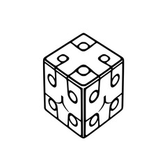 Isometric view of a cube dice with musical note-shaped openings. A stylized design.