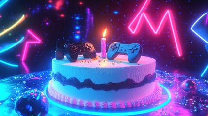 Retro gaming birthday cake with two controllers and candle.