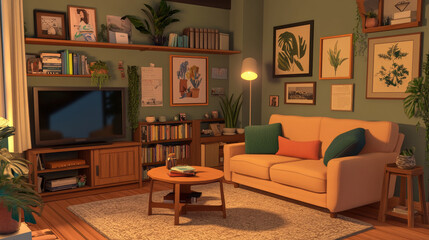 Fototapeta premium Living room interior with sofa and tv back view, bookshelf and armchair. Cozy apartment with couch front of television set on stand, pictures home design elements isolated, Cartoon vector illustration