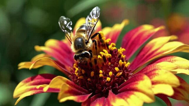 A honey bee approaches a bright flower in a lush garden filled with various blooms. The scene captures the beauty of nature and the importance of pollinators in the ecosystem.