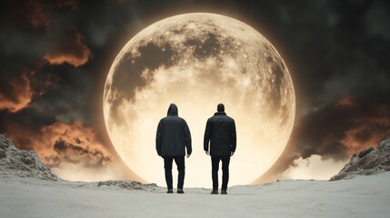 Two figures stand on a desolate landscape gazing up at an enormous full moon dominating the sky The scene evokes a sense of wonder