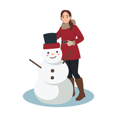Woman dressed in warm winter clothing stands beside a cheerful snowman. Building a Snowman. Flat vector illustration isolated on white background