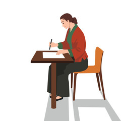 Woman sits at a wooden table, deeply engaged in writing on a piece of paper. Flat vector illustration isolated on white background