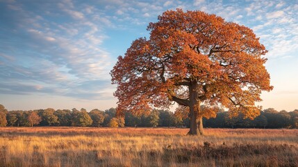 Autumnal Oak Tree in a Golden Meadow Landscape