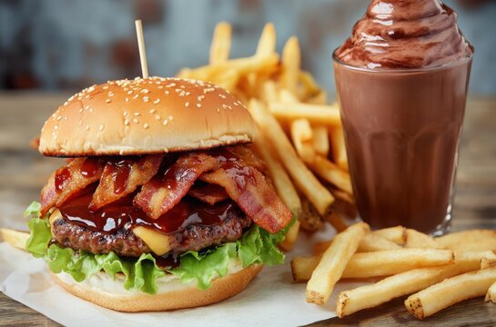 Fast food combo concept. A mouthwatering burger topped with bacon, served with crispy fries and a chocolate shake.