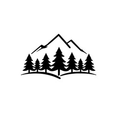 Fototapeta premium Minimalist mountain scene with stylized black and white trees, creating a mountain silhouette set against white background.