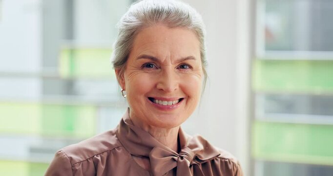 Business, mature woman and face with smile in office for internal auditor, financial career and about us. Professional, employee or happy advisor for risk management, corporate finance and confidence
