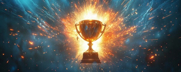 Golden trophy victory; fiery sparks, dark background; award ceremony
