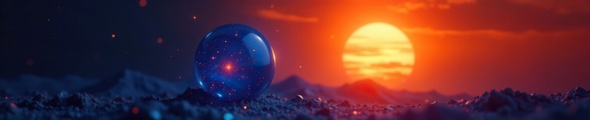 Fototapeta premium Vibrant blue orb, blazing orange sun backdrop, world, cosmic, shadow