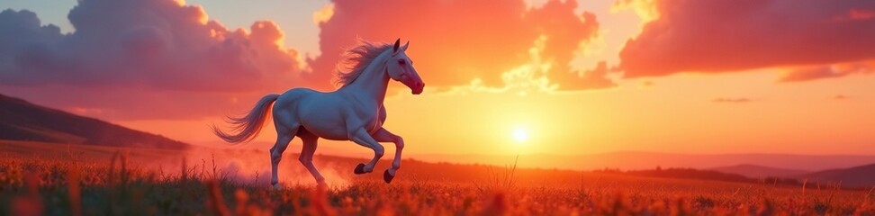 White unicorn sprints, vibrant sunset backdrop, peaceful, fast