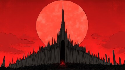 Monochromatic fantasy landscape of a dark fortress in front of a large red moon creating a stark and dramatic silhouette