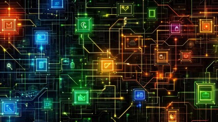 Fototapeta premium Abstract Digital Network Colorful Glowing Nodes Connections Futuristic Technology Background