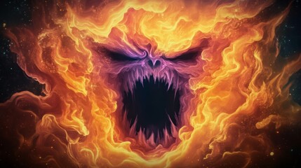 A nightmarish entity emerges from a swirling vortex of flames its menacing face a chilling spectacle against a backdrop of cosmic darkness