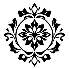 Intricate Black and White Damask Pattern: A symmetrical floral design showcasing a stylized floral emblem, with a central flower and leaf-shaped motif.