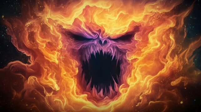 A nightmarish entity emerges from a swirling vortex of flames its menacing face a chilling spectacle against a backdrop of cosmic darkness