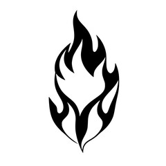 Black and white minimalist abstract illustration of a flame, centered on a white background.