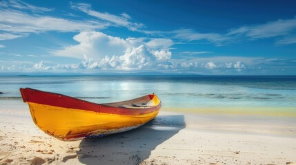 A traditional yellow and red boat is sitting on the beach