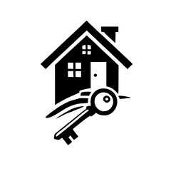Black and white minimalist house icon with key, on white background.