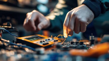 Close-up of hands testing circuit board with multimeter.