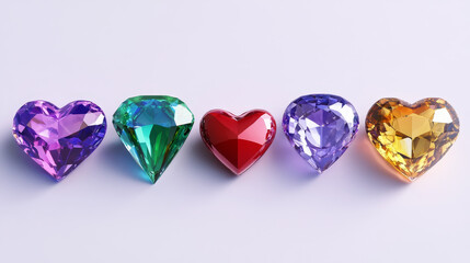 Fototapeta premium Magic gemstones set isolated on background. Vector cartoon illustration of red heart shape stone, golden rock, green emerald, blue crystal, purple amethyst, shimmering particles in air, treasure