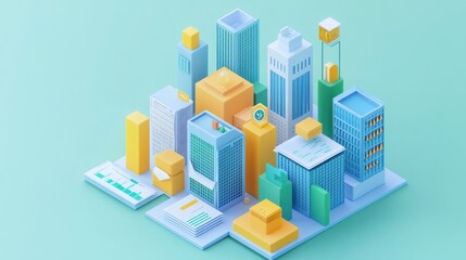 Isometric illustration of a vibrant city with colorful buildings and data visualizations.
