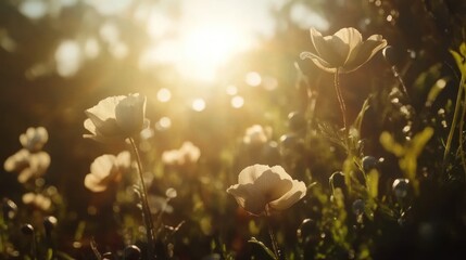 Obraz premium Sunlit field of delicate white wildflowers at sunset.