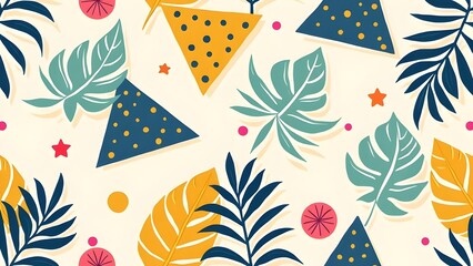 Beach Vibe Pattern with Bold Palms and Colorful Geometric Motifs