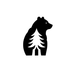Silhouette of a black bear and tree, with a tree behind it.