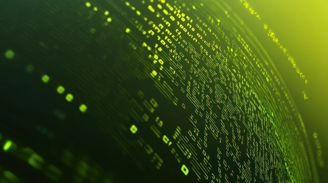 Abstract digital globe with glowing green data streams and binary code.