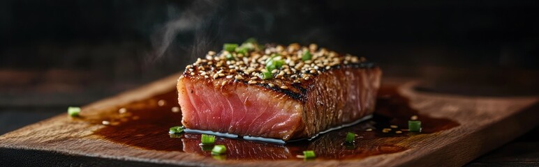 Steaming seared tuna steak on wooden board, garnished with sesame seeds and scallions, served with a dark sauce.