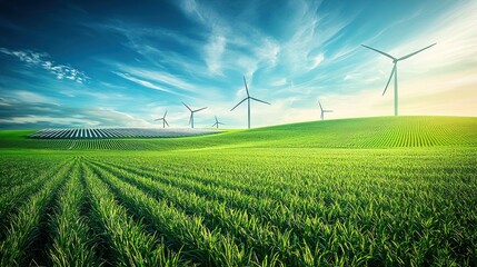 Green field with wind turbines and solar panels, sustainable energy