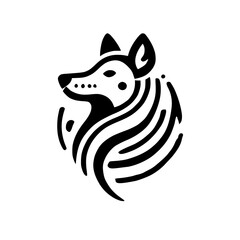 Black and white stylized stylized wolf head on white background.
