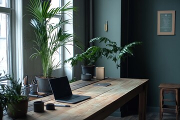Laptop on rustic wooden desk in a plant-filled home office.