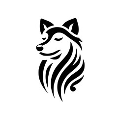 A sleek, minimalist monochrome portrait of a smiling dog, black lines on white, serene, stylized.